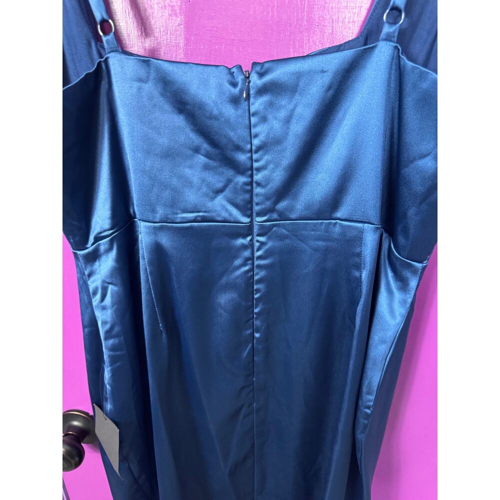 NWT Lulus XL Teal Blue Satin Cowl Neck Midi Dress Side Slit Wedding Guest - Picture 9 of 10